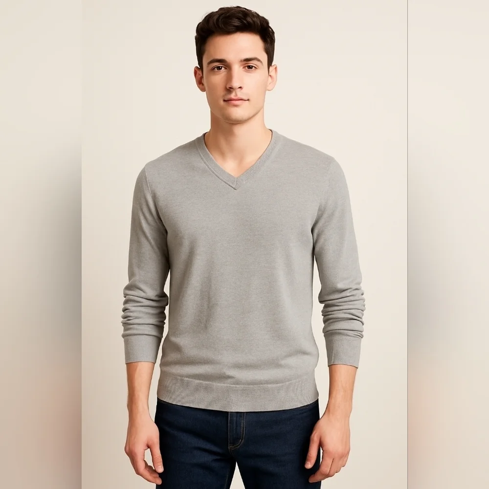GAP Men’s Medium Gray V-Neck Lightweight Sweater Cotton Silk Blend